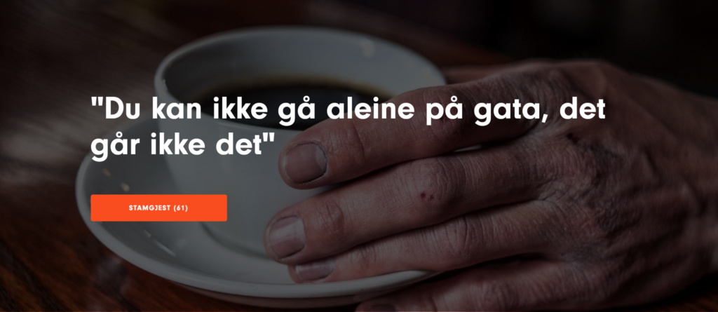 Bildeuutsnitt fra Kirkens bymisjon sin nettside. En hånd holder rundt en kaffekopp. Skrift ligger over "Du kan ikke gå aleine på gata, det går ikke det". 