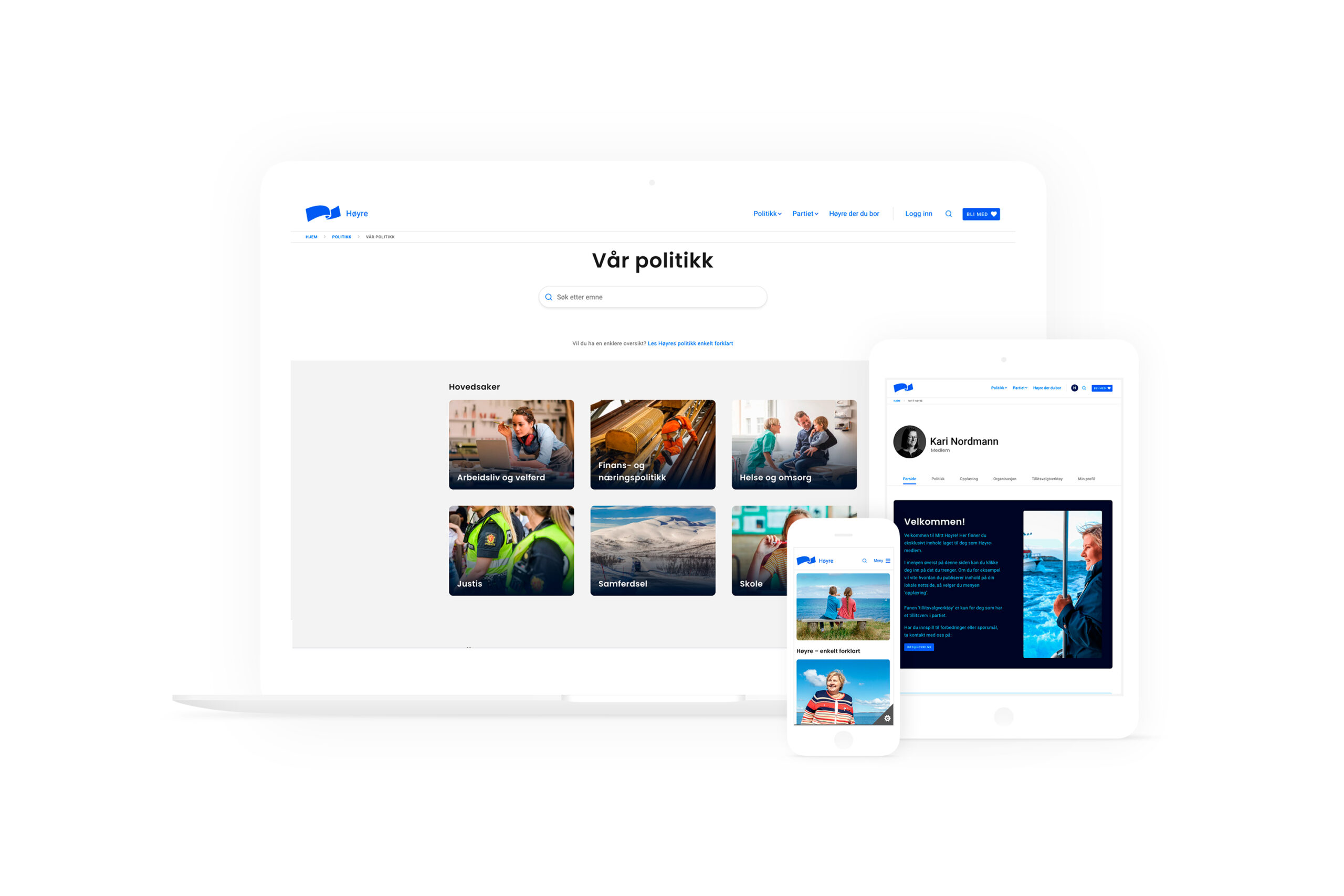 Mock up av Høyre sine nettsider på en mac, en ipad og en iPhone mot hvit bakgrunn.