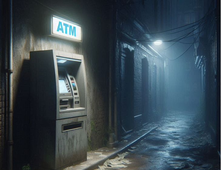 A dirty ATM in a dark and foggy alley.