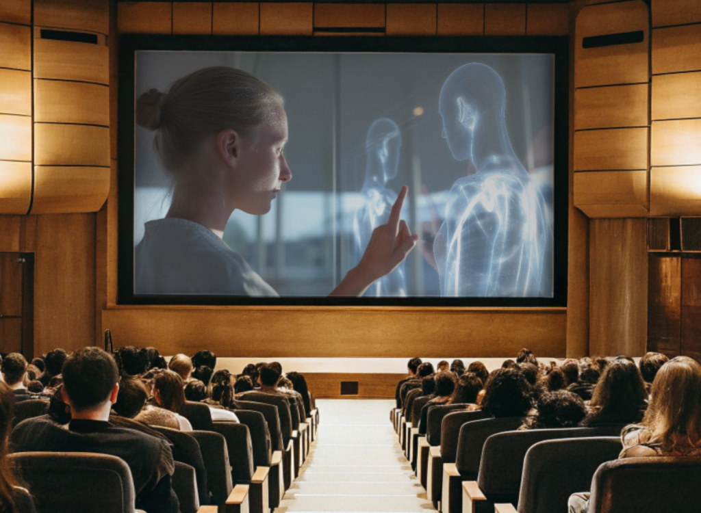 Och publiken tittar på en AI-film på en stor skärm
