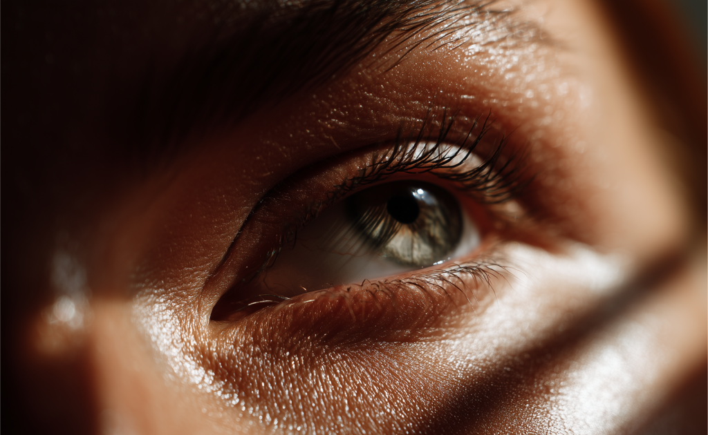 En närbild av ett kvinnligt öga med solljus